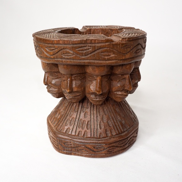 Vintage Other - Vintage Wood Carved Faces Ashtray Unique
